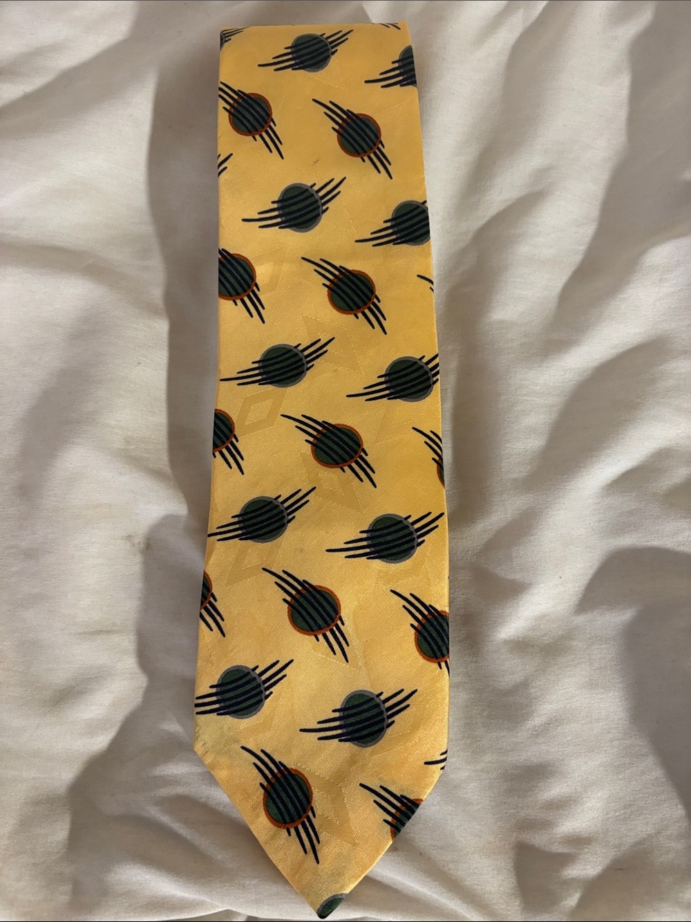 Yellow Patterned Silk Tie with Dark Green Motif